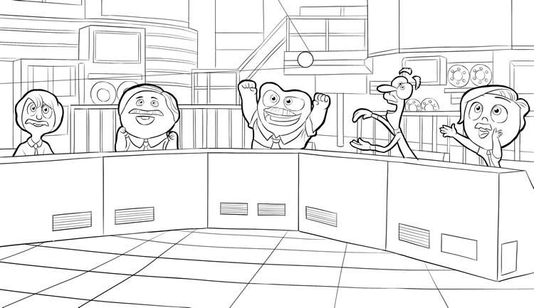 Coloriage de Joy et Tristesse du film Vice-Versa dans un décor intérieur