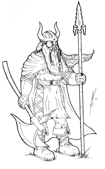 Coloriage d'un viking brandissant une hache en pleine nature