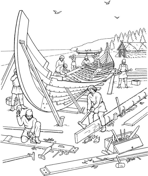 Un viking en pleine bataille avec son drakkar sur fond de paysage nordique