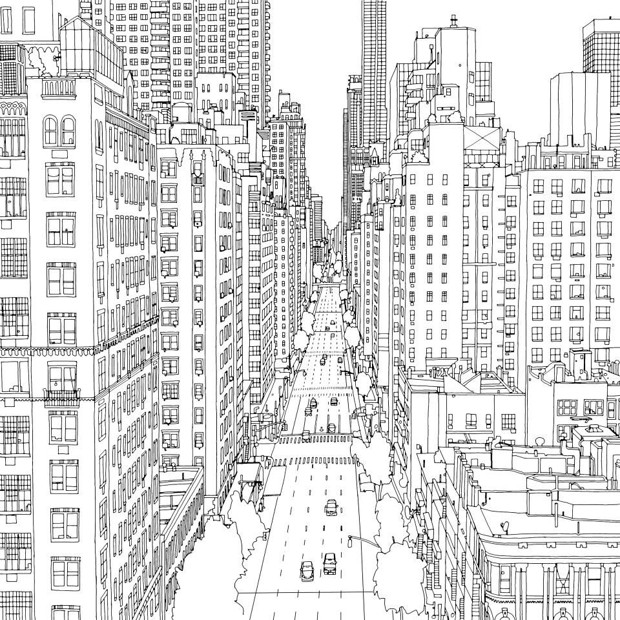 Scène urbaine animée avec un paysage de ville à colorier