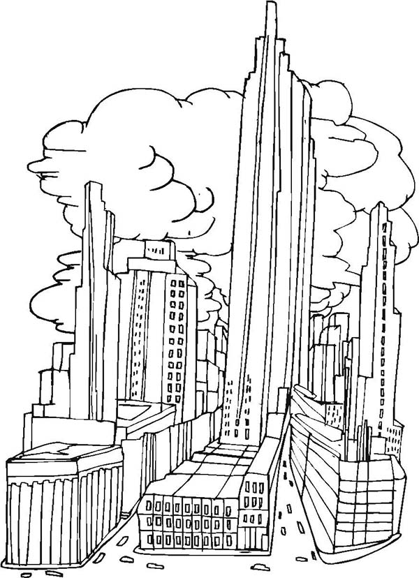 Coloriage d'une ville moderne animée avec des bâtiments variés