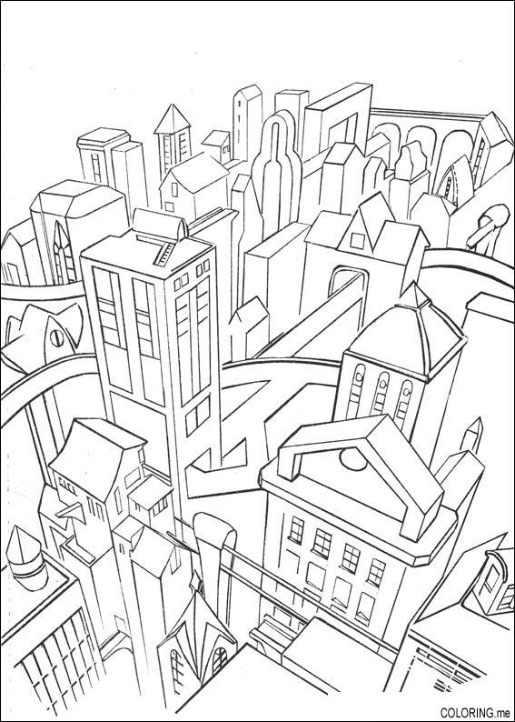 Coloriage d'une ville animée avec des bâtiments et des détails architecturaux