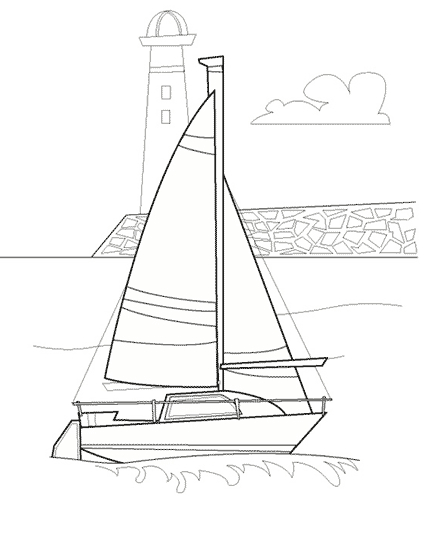 Coloriage d'un voilier naviguant sur une mer calme