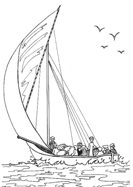 Coloriage d'un voilier naviguant sur une mer calme