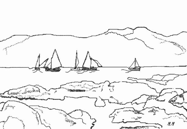 Coloriage d'un voilier voguant sur des vagues stylisées