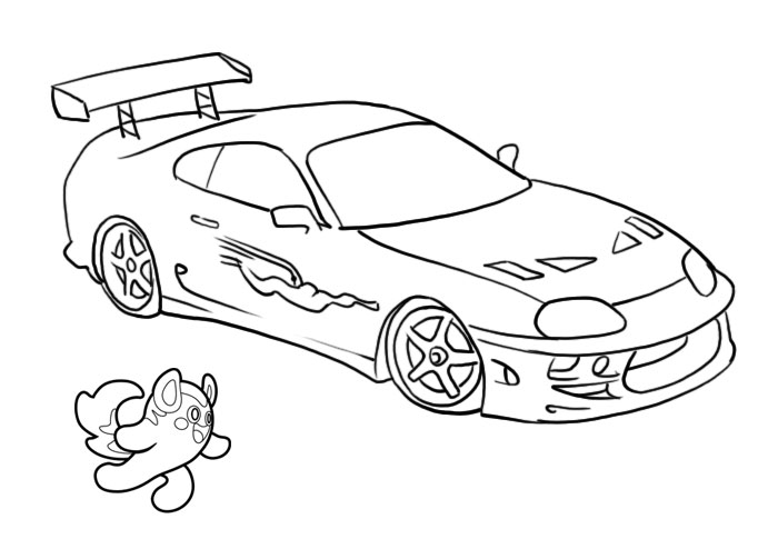 Coloriage d'une voiture de sport sur une route ensoleillée