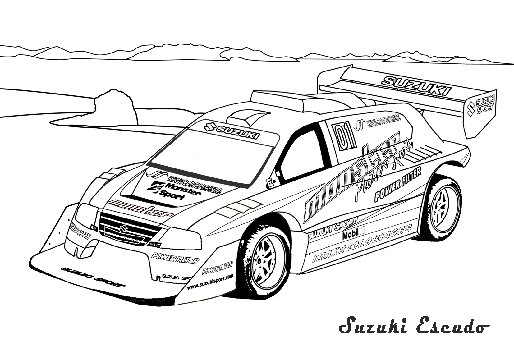 Coloriage d'une voiture sportive sur une route sinueuse