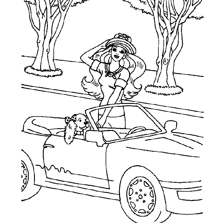 Coloriage d'une voiture de sport sur une route avec des arbres en arrière-plan