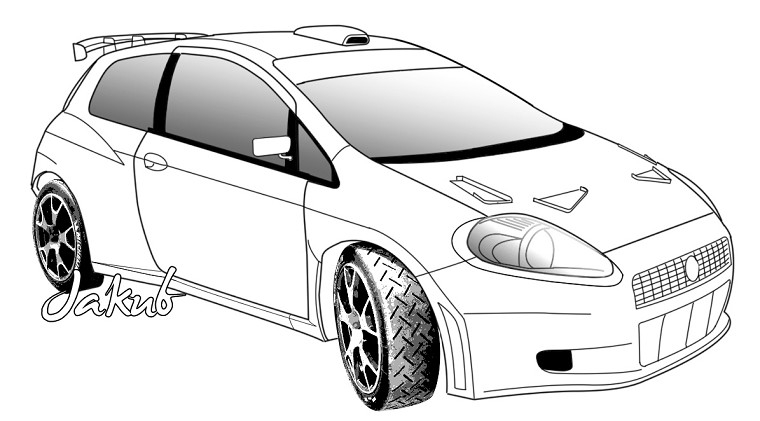 Coloriage d'une voiture de sport sur route avec un paysage en arrière-plan