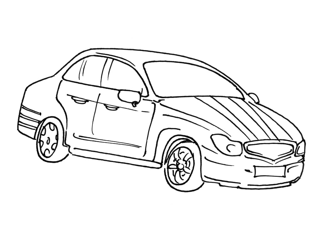 Coloriage d'une voiture de sport sur une route ensoleillée