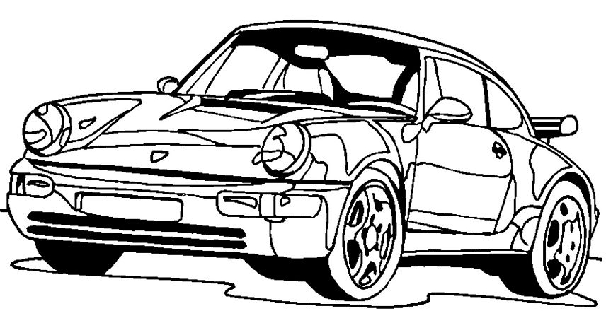 Coloriage d'une voiture sportive sur une route avec des montagnes en arrière-plan