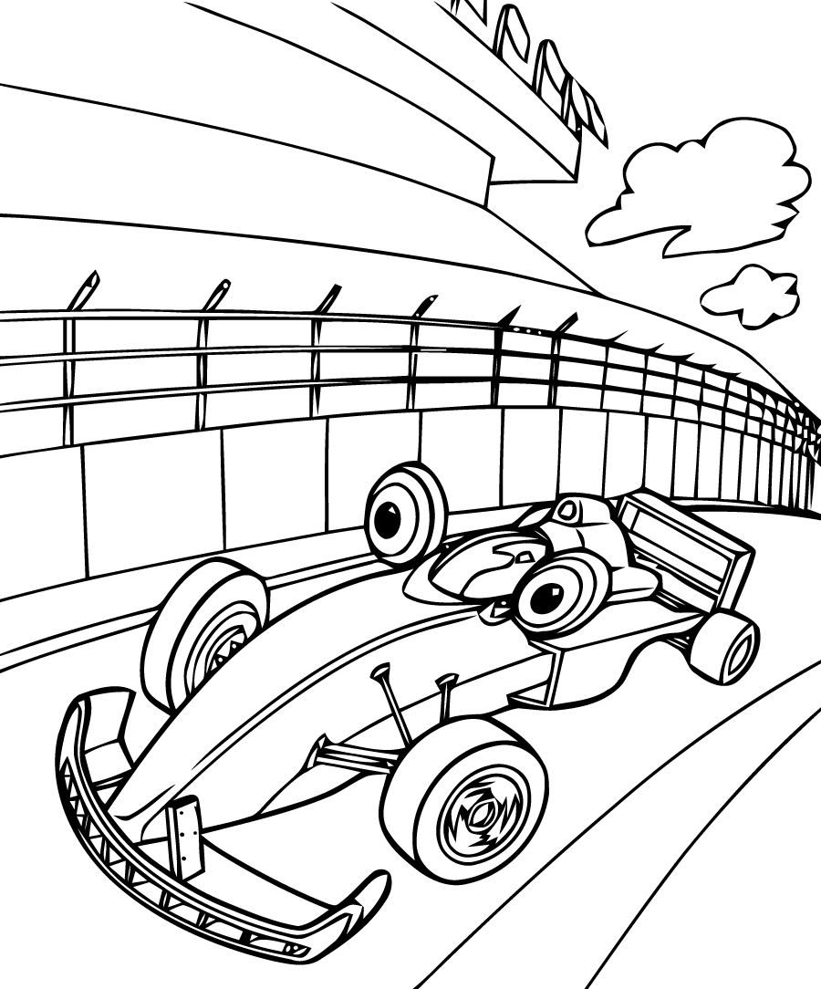 Coloriage d'une voiture de course sur une route sinueuse