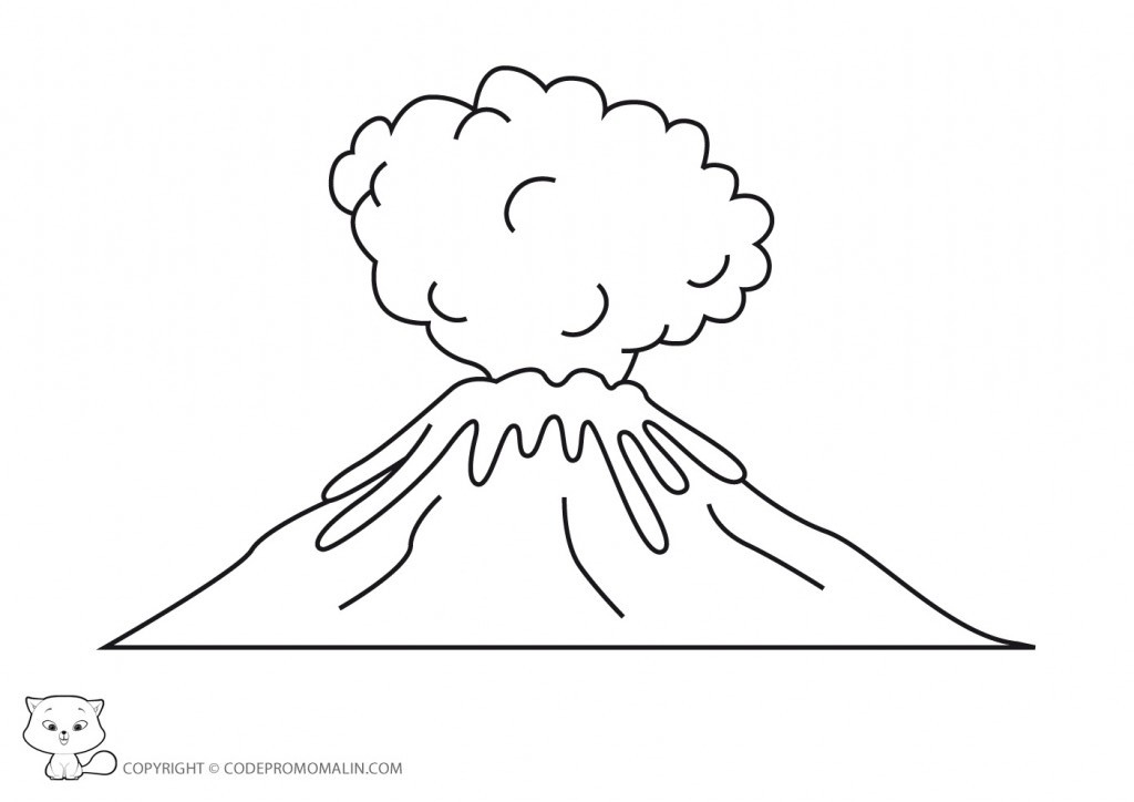 Coloriage d'un volcan en éruption avec paysage environnant