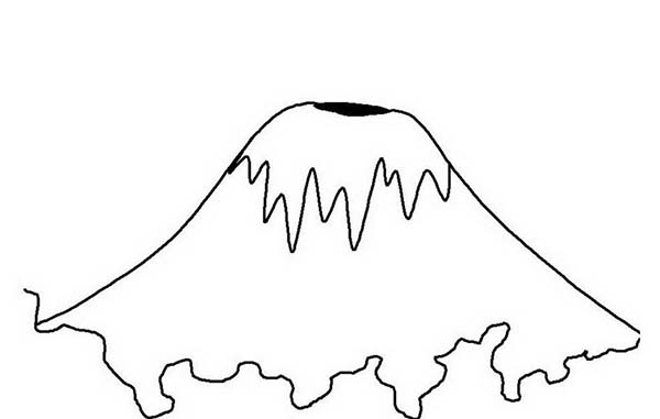 Coloriage d'un volcan en éruption entouré de verdure