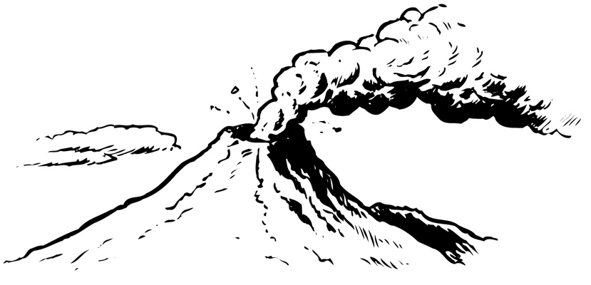 Coloriage d'un volcan en éruption avec paysage environnant