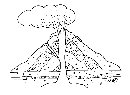 Coloriage d'un volcan en éruption avec paysage environnant
