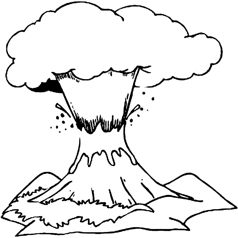 Coloriage d'un volcan en éruption avec paysage environnant
