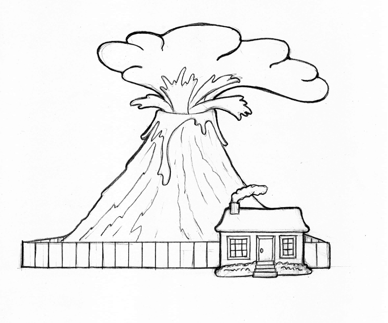 Coloriage d'un volcan en éruption avec paysage environnant