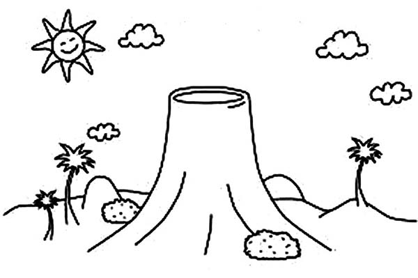 Coloriage d'un volcan en éruption au cœur d'un paysage naturel