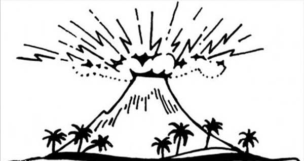 Coloriage d'un volcan en éruption et son paysage environnant