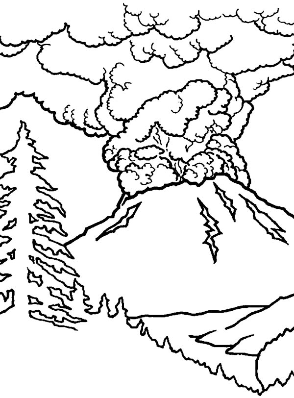 Coloriage d'un volcan en éruption avec paysage environnant