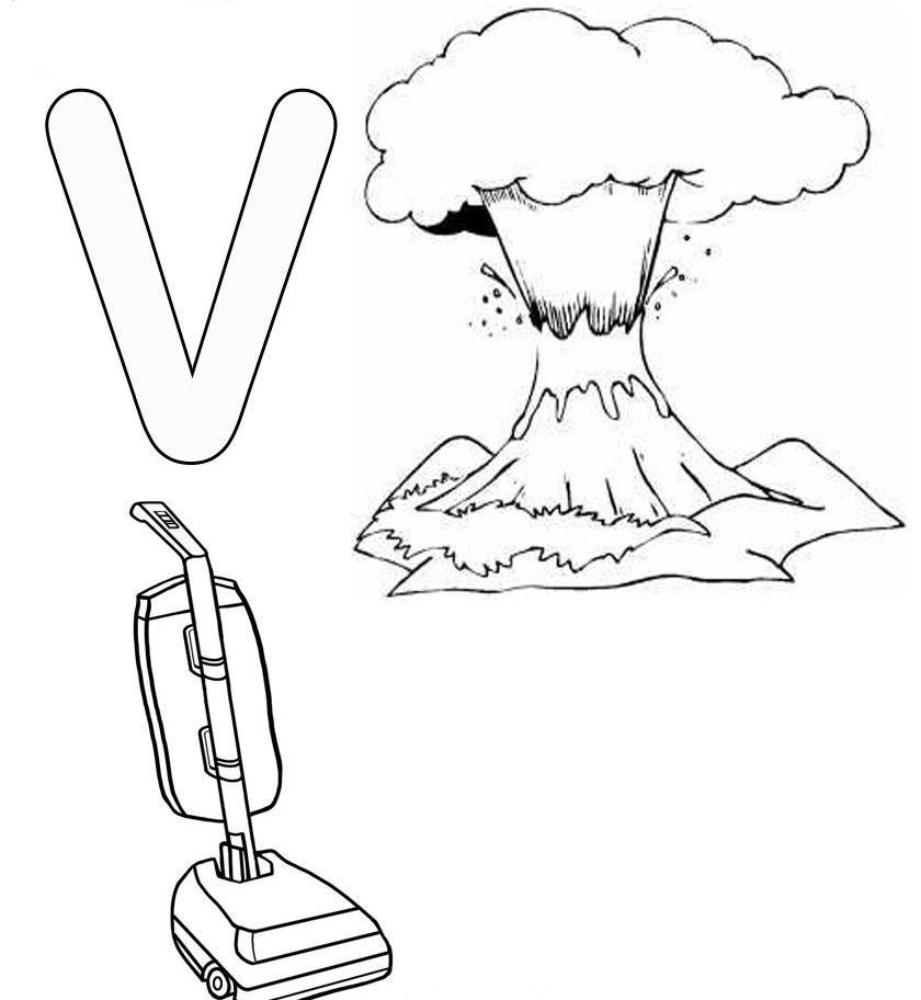Coloriage d'un volcan en éruption avec des éléments naturels environnants