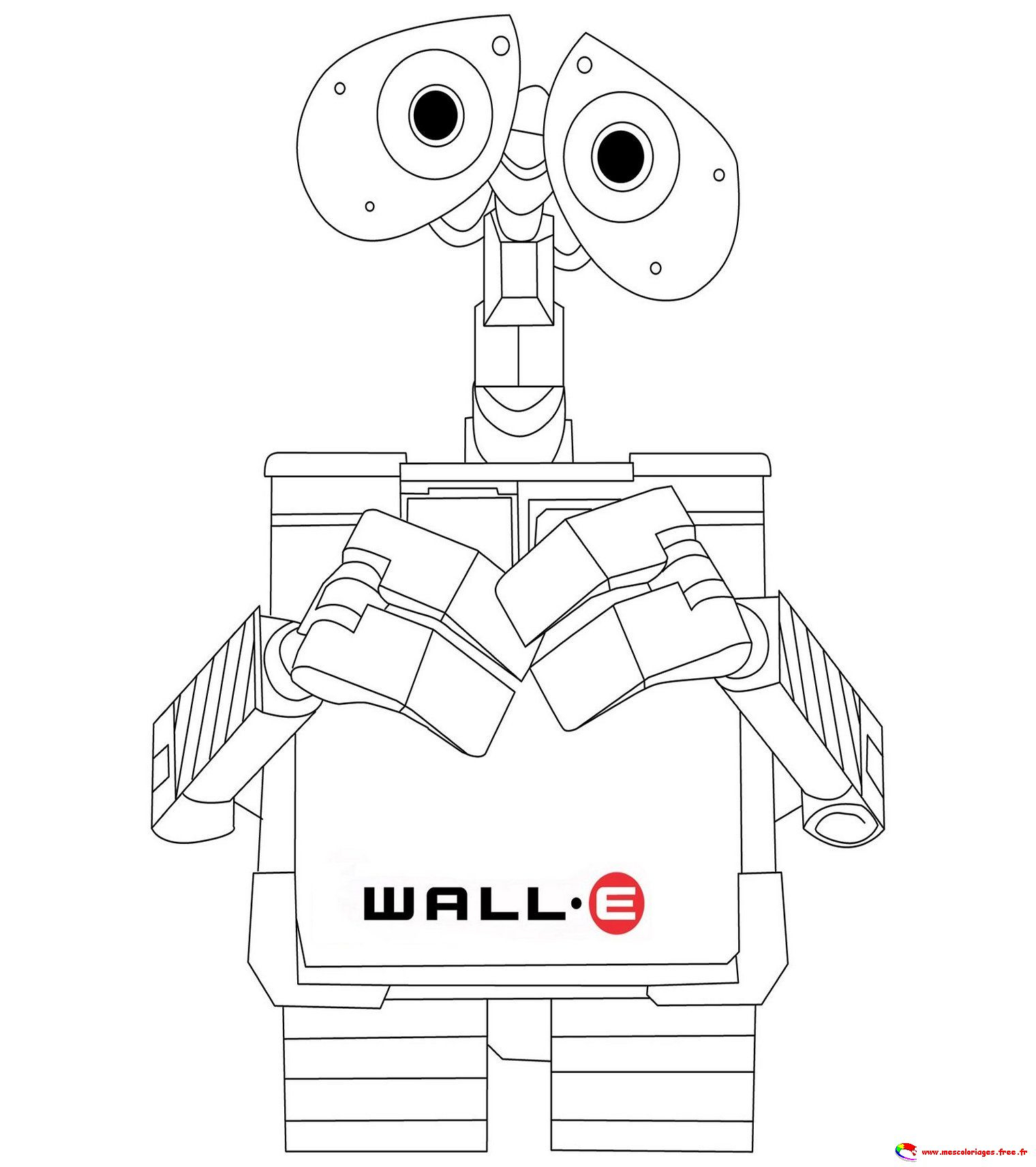 Coloriage de WALL-E avec un paysage futuriste en arrière-plan