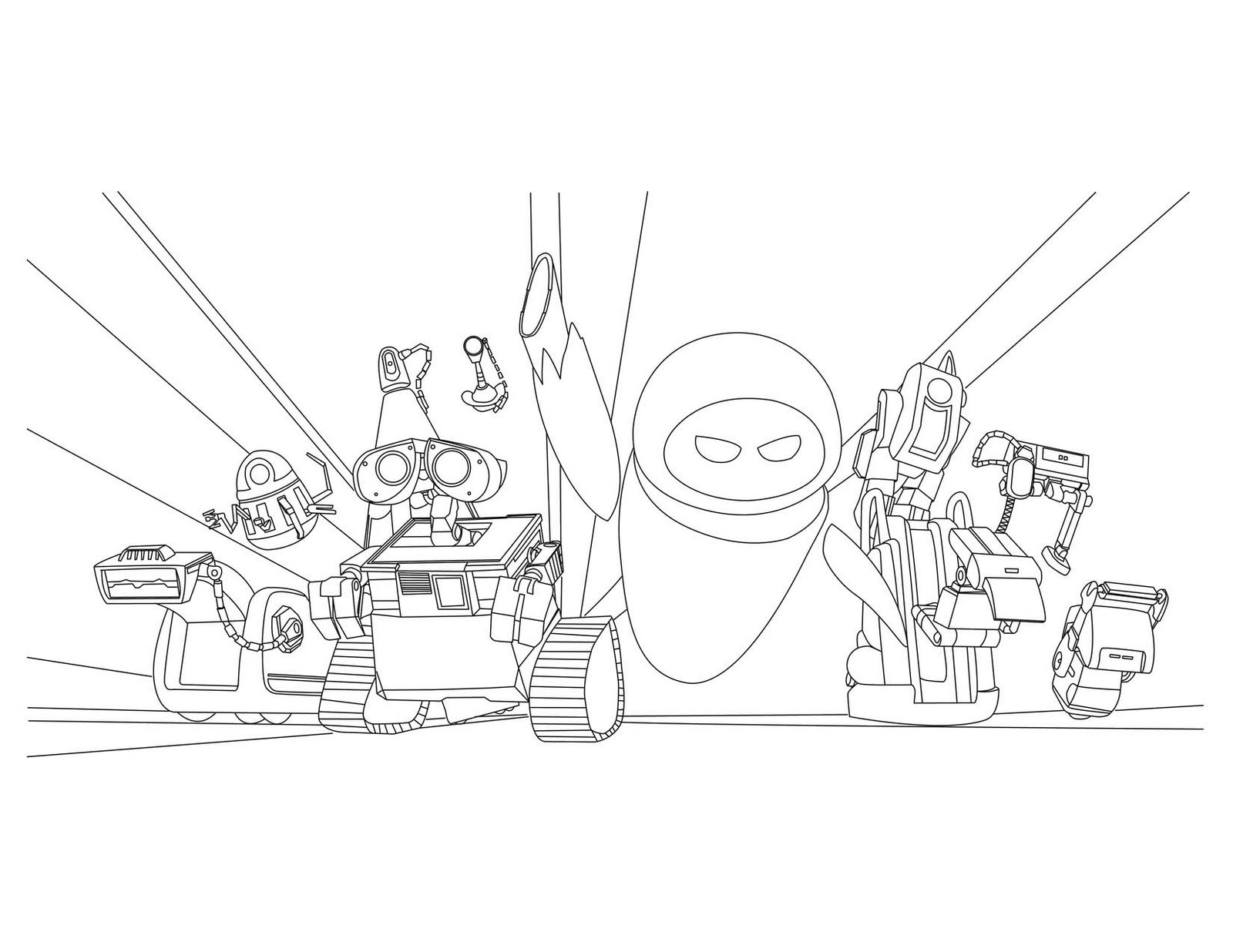 Coloriage de Wall-E et Eve dans un paysage futuriste