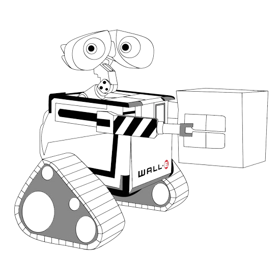 WALL-E explorant un paysage futuriste rempli de déchets