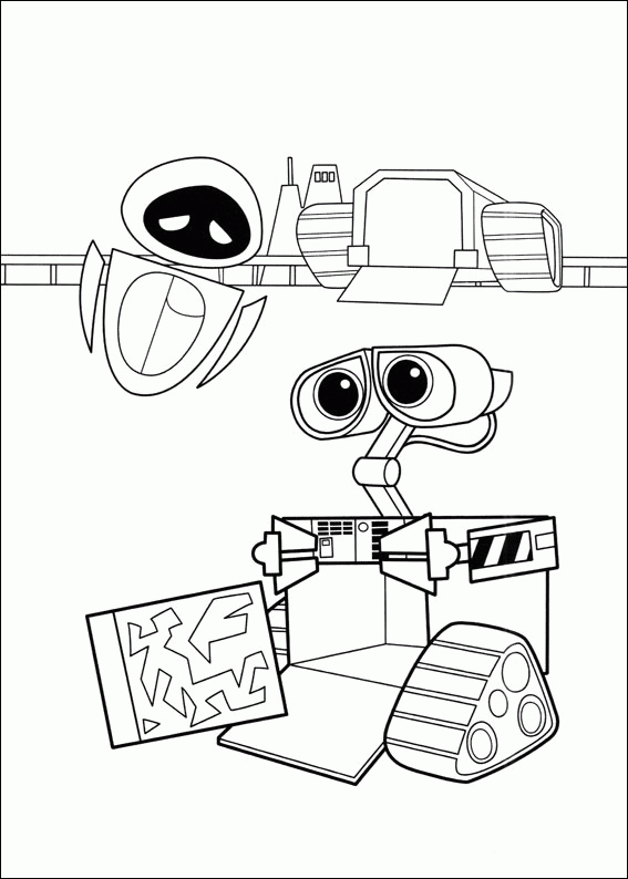 Coloriage de Wall-E en pleine exploration d’un paysage futuriste