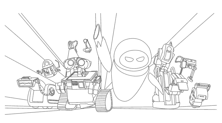 Coloriage de Wall-E entouré de déchets et de plantes vertes