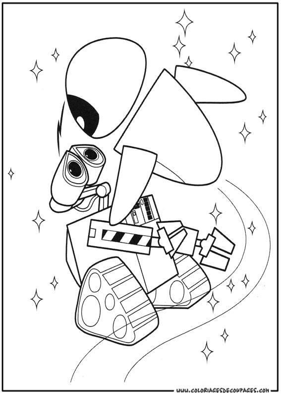Coloriage de Wall-E avec un fond étoilé et une plante