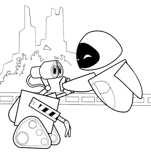 Wall-E et Eve dans une scène de complicité au milieu de déchets