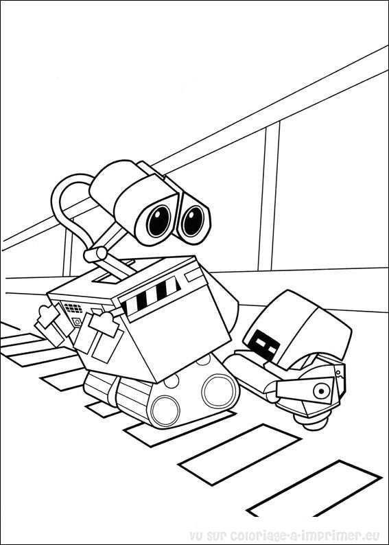 Coloriage de Wall-E avec Eve dans un décor futuriste