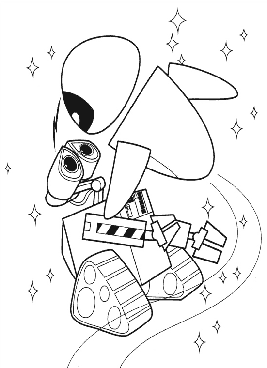 Coloriage de Wall-E en pleine exploration d'un paysage futuriste