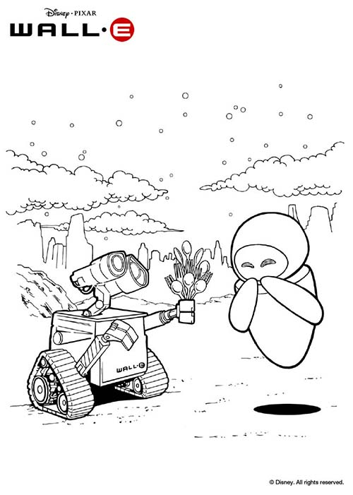 Wall-E et Eve dans une scène de complicité sur fond futuriste