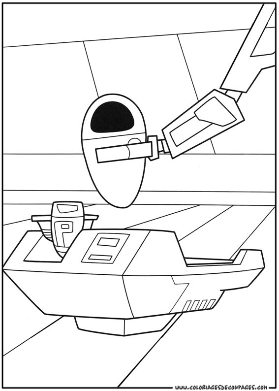 Coloriage de Wall-E en pleine exploration d'un paysage futuriste