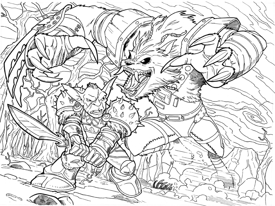 Personnage de Warcraft armé prêt à l'affrontement sur un fond de paysage fantastique