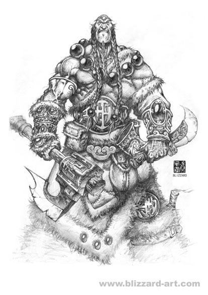 Personnage de Warcraft en pleine action sur fond de paysage fantastique