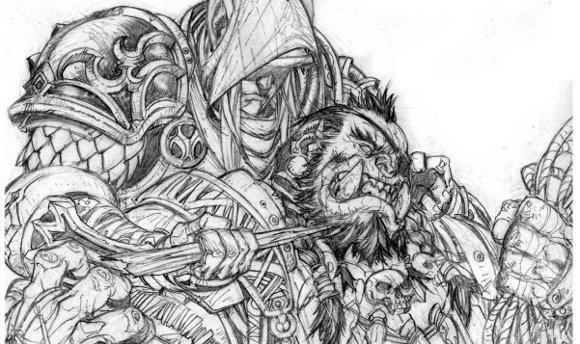Personnage de Warcraft en pleine action avec un paysage fantastique