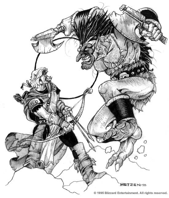Coloriage représentant un personnage de Warcraft en pleine action dans un décor fantastique