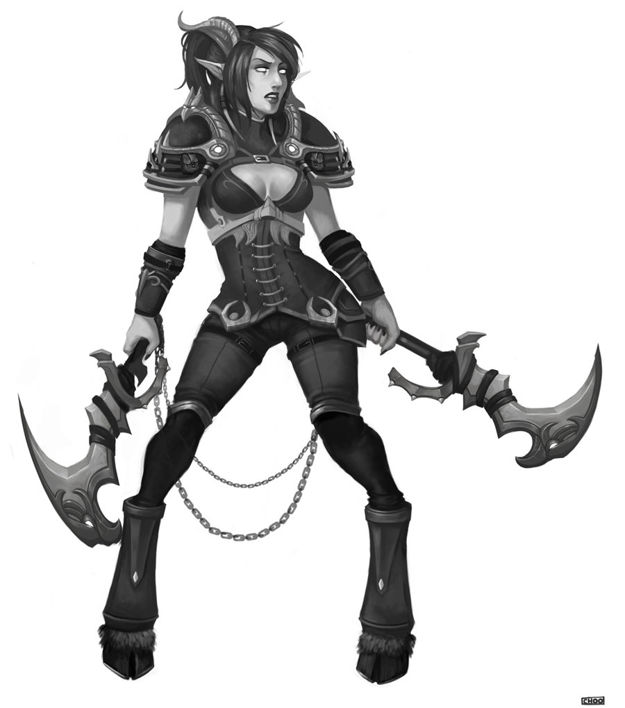 Personnage de Warcraft brandissant une arme dans un décor fantastique