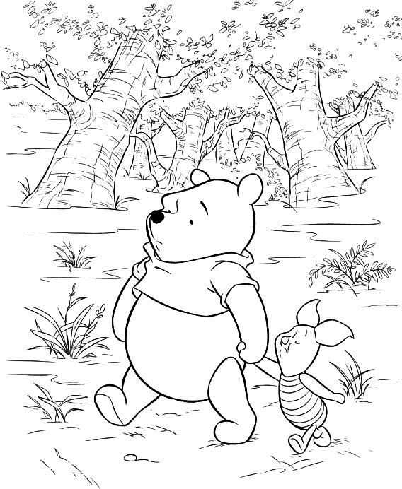 Winnie l'Ourson assis sur un tronc d'arbre entouré de ses amis