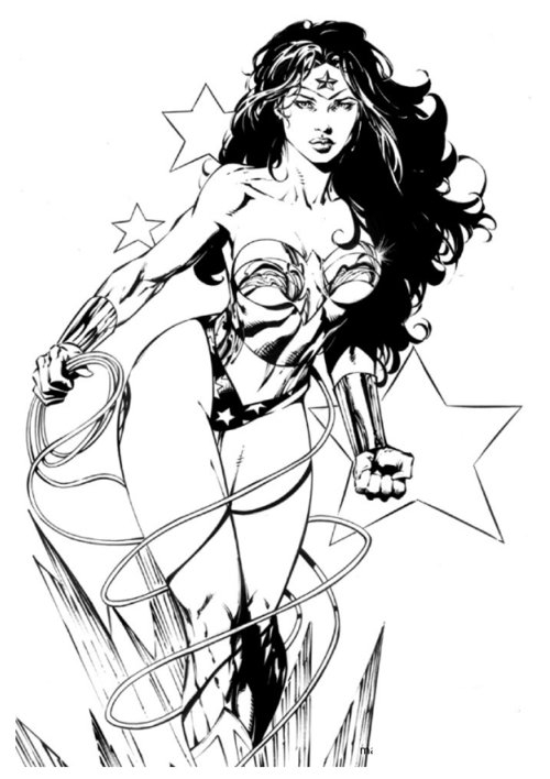 Wonder Woman en pleine action avec son lasso dans un décor dynamique