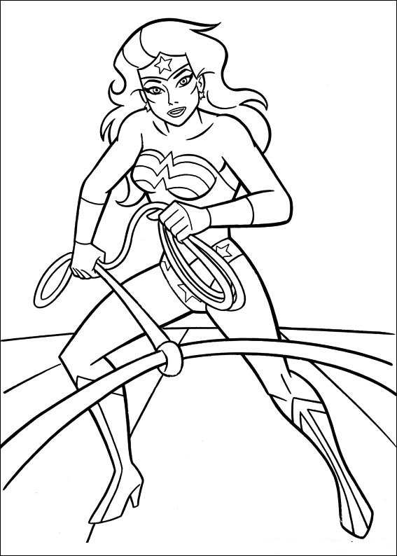 Wonder Woman en pleine action avec son lasso dans un décor dynamique
