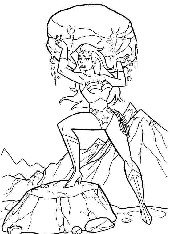 Coloriage de Wonder Woman en pleine action avec son lasso et son bouclier