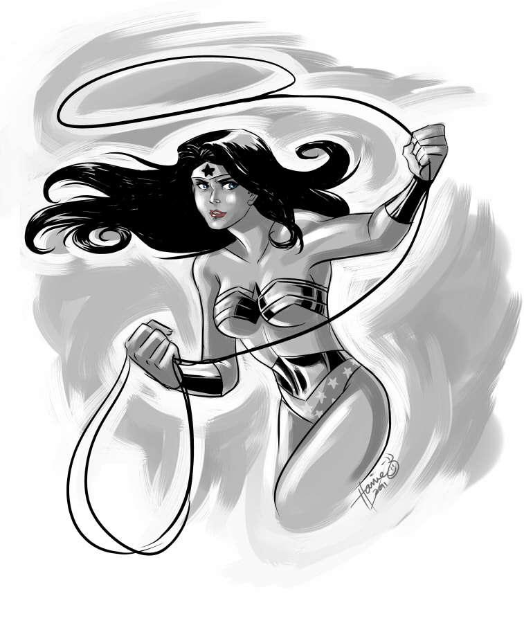 Wonder Woman prête pour l'action dans un décor héroïque