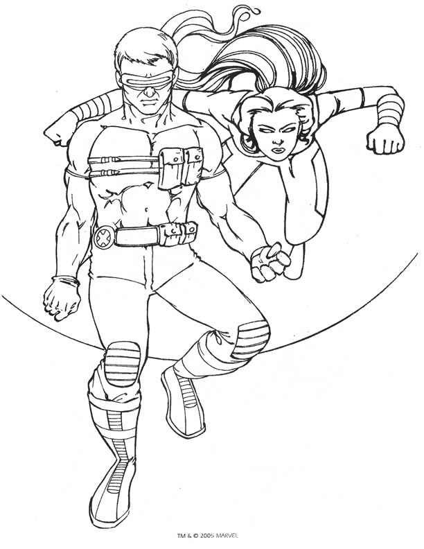 Coloriage des X-Men avec Wolverine et Cyclope en action