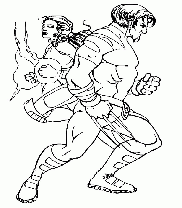 Coloriage de super-héros X-Men en pleine action sur fond urbain