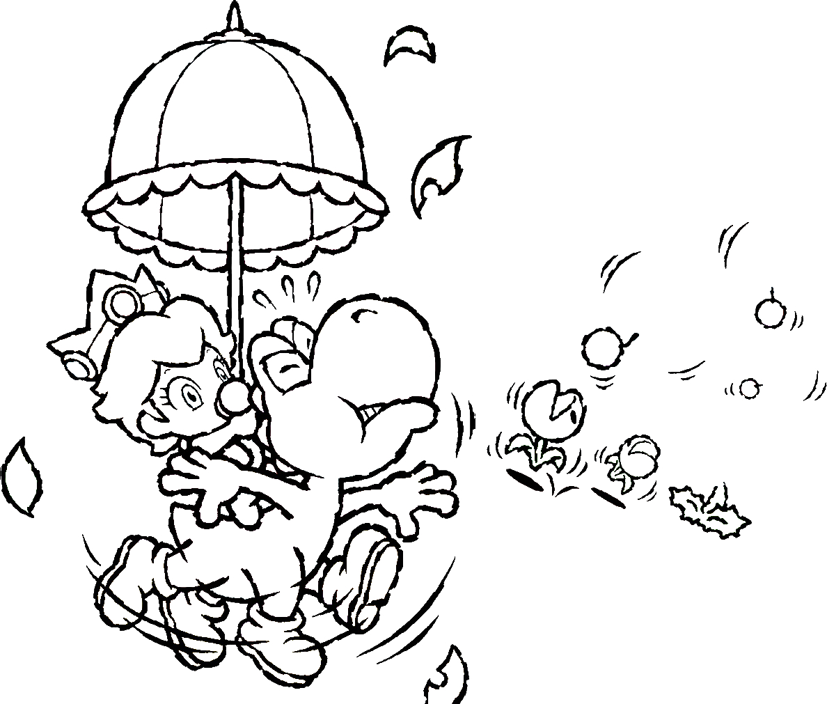 Yoshi en pleine aventure dans un paysage montagneux